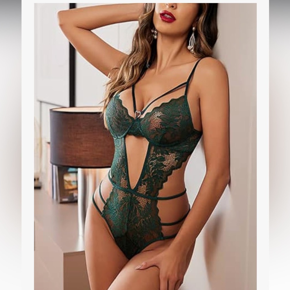 Green Lace Strappy Bodysuit One Piece Lingerie